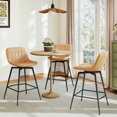 RTVR 30" Swivel Upholstered Bar Stools Set of 3 with Back & Footrest, Counter Height Bar Chairs for Kitchen Island, Faux Leather in Brown