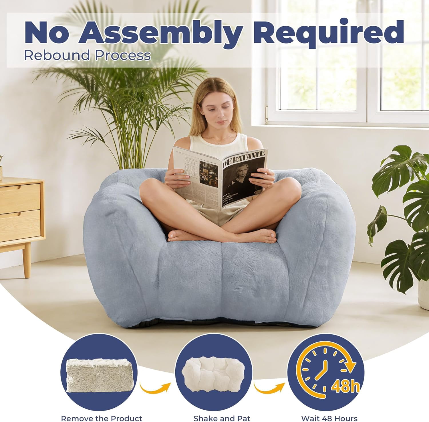 Giant Plush Cloud Bean Bag Chair for Adults, Cozy Comfy Reading Floor Sofa for Bedroom or Living Room, Grey