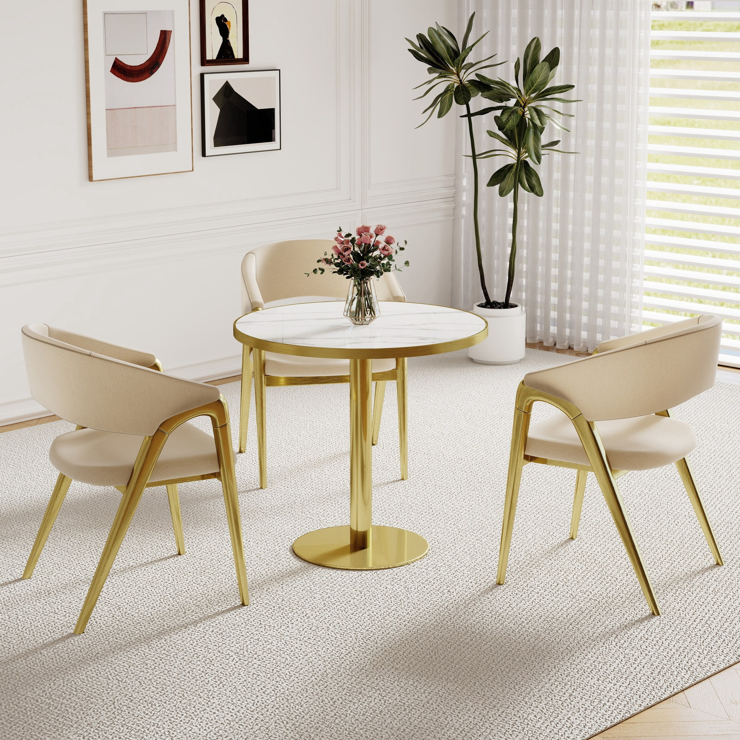 31.5 in Round Tulip Dining Table, Sintered Stone Top, Gold+White