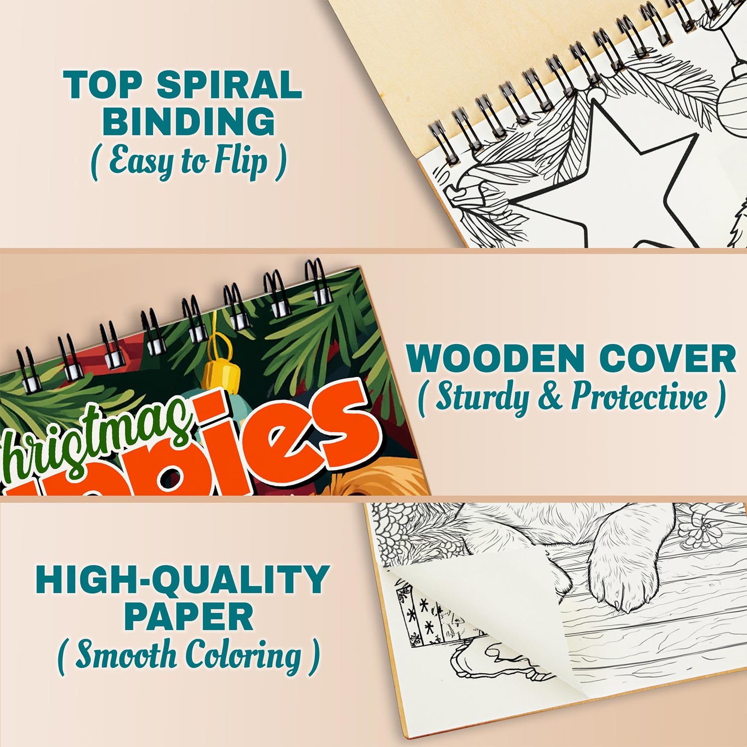 Netecom Christmas Puppies Coloring Book Spiral Bound for Adults, A5 Wooden Cover, 30 Xmas Theme Coloring Pages of Cute Dogs for Stress Relief and Relaxation