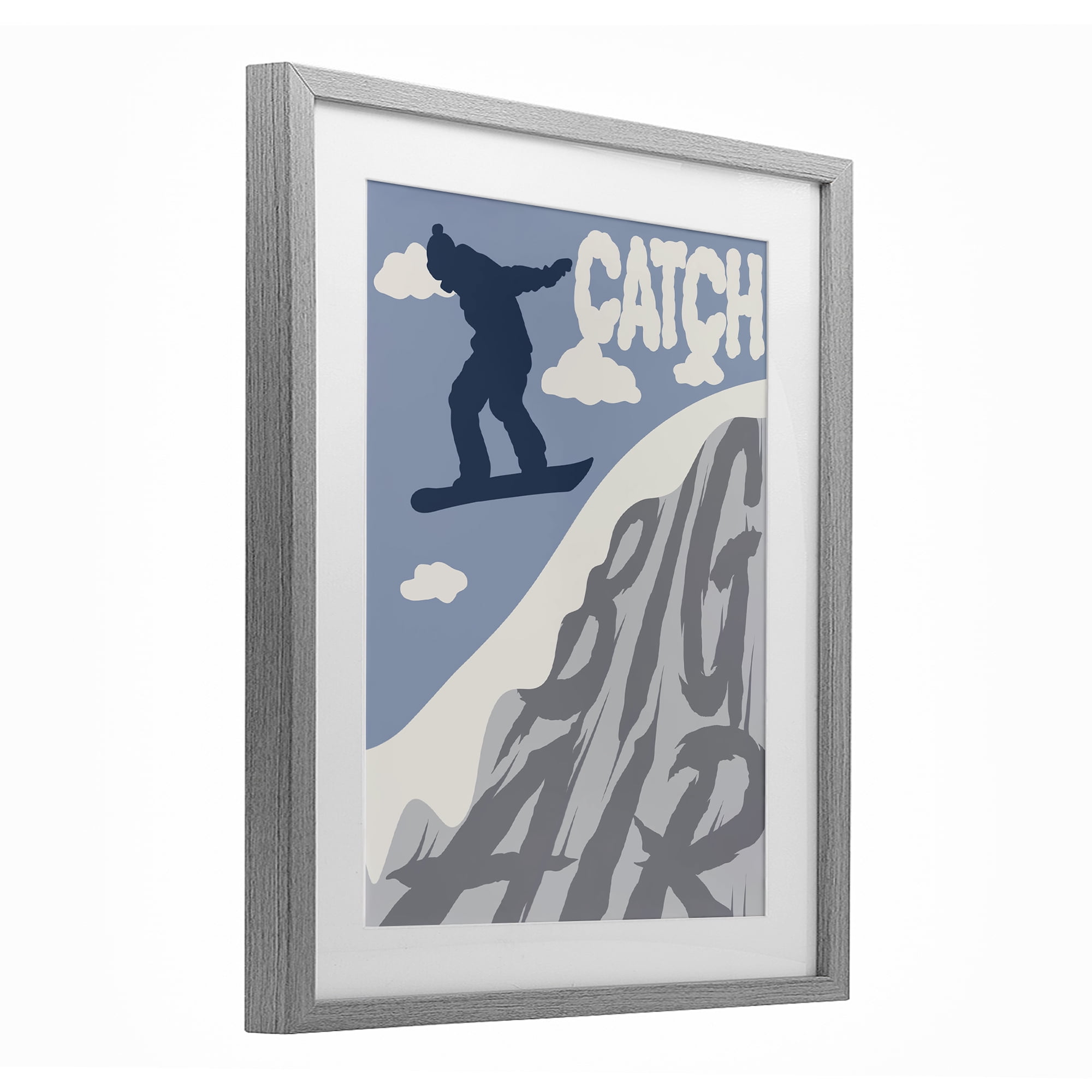 Catch Big Air Snowboard Gray Framed Print Under Glass, design by Marcus Prime