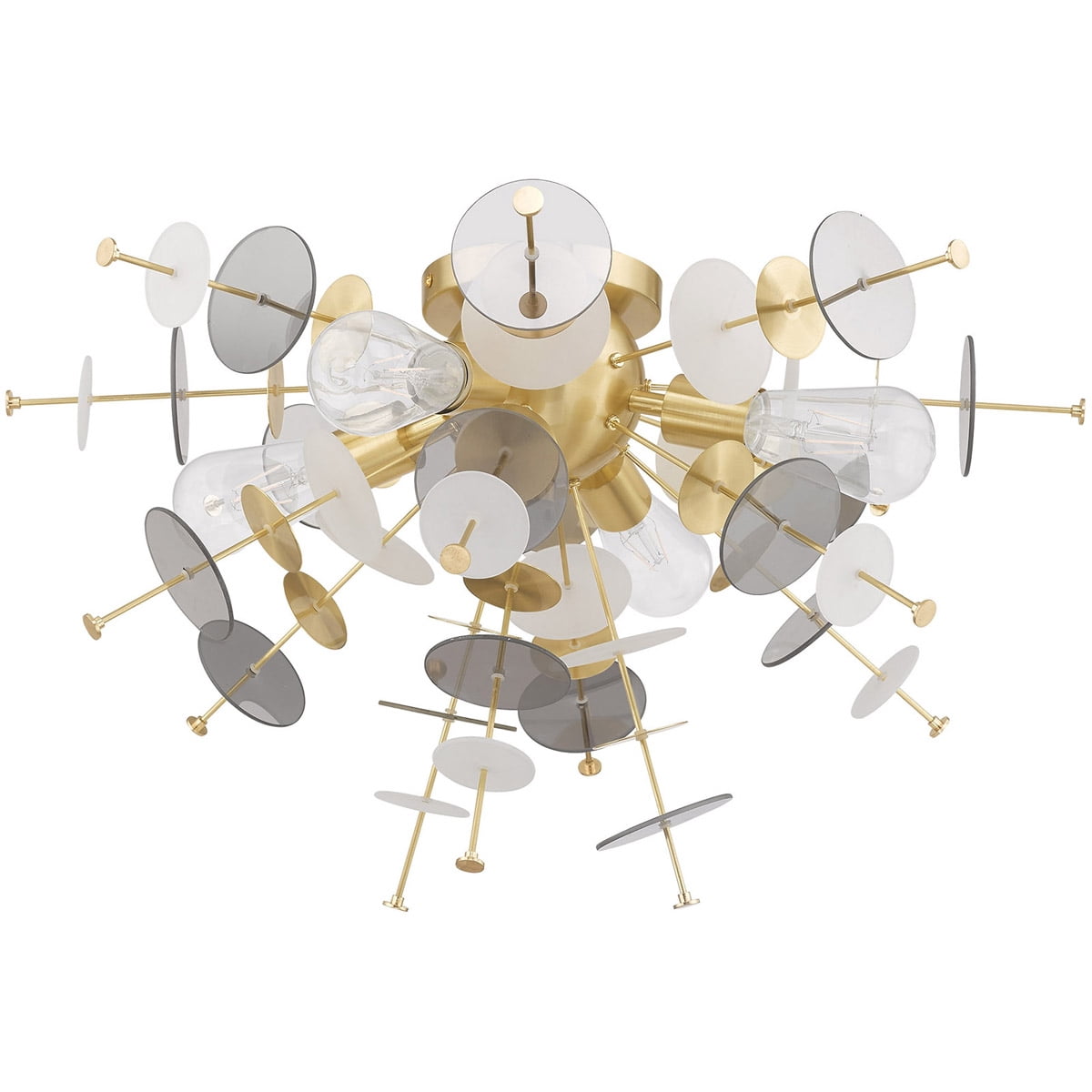 4 Light Satin Brass Ceiling Light fixture with Satin Brass Discs & Glass Discs Shade