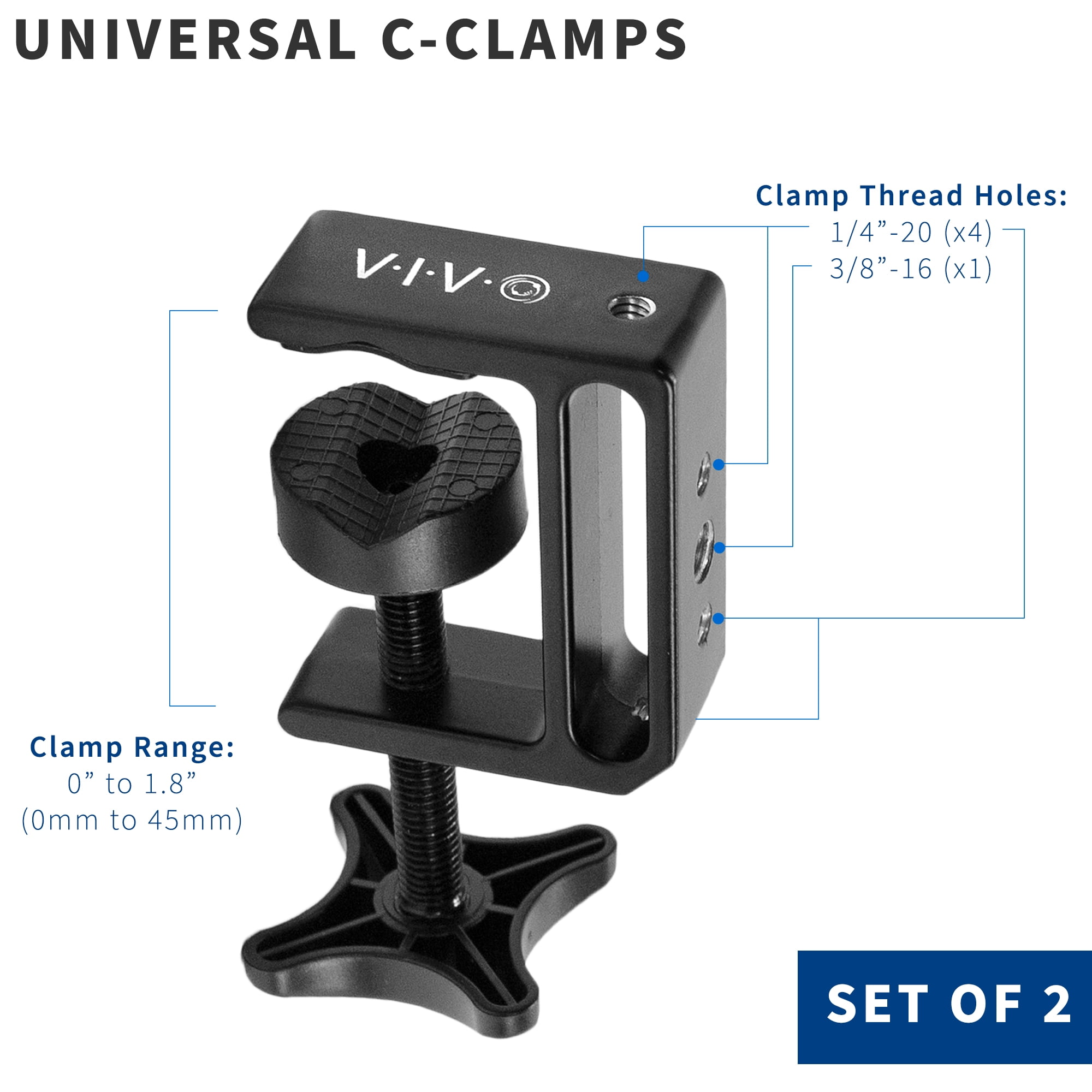 VIVO Universal Heavy Duty C-Clamps with 1/4 inch-20 and 3/8 inch-16 Sockets (x2)