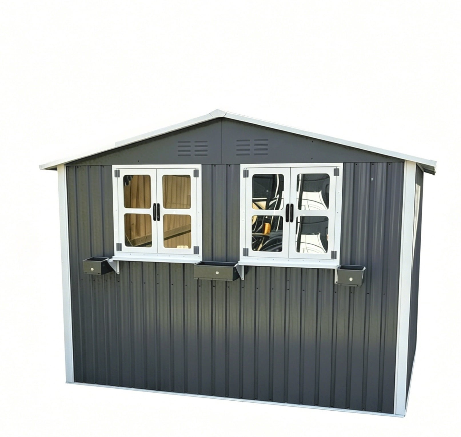 Aukfa 6x9 FT Metal Outdoor Storage Shed with Flower Rack&Lockable Doors, Waterproof Garden Tool Shed for Backyard Patio Lawn, Coal Gray