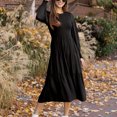 thumbnail image 3 of Vestido llano Cuello redondo Manga larga Shirred Pecho Retro Suelto Cómodo Vestido largo Negro S, 3 of 8