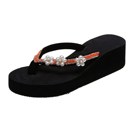 

ZTTD Ladies Fashion Summer Flip Flops Casual Rhinestone Flowers Thick Sole Sandals