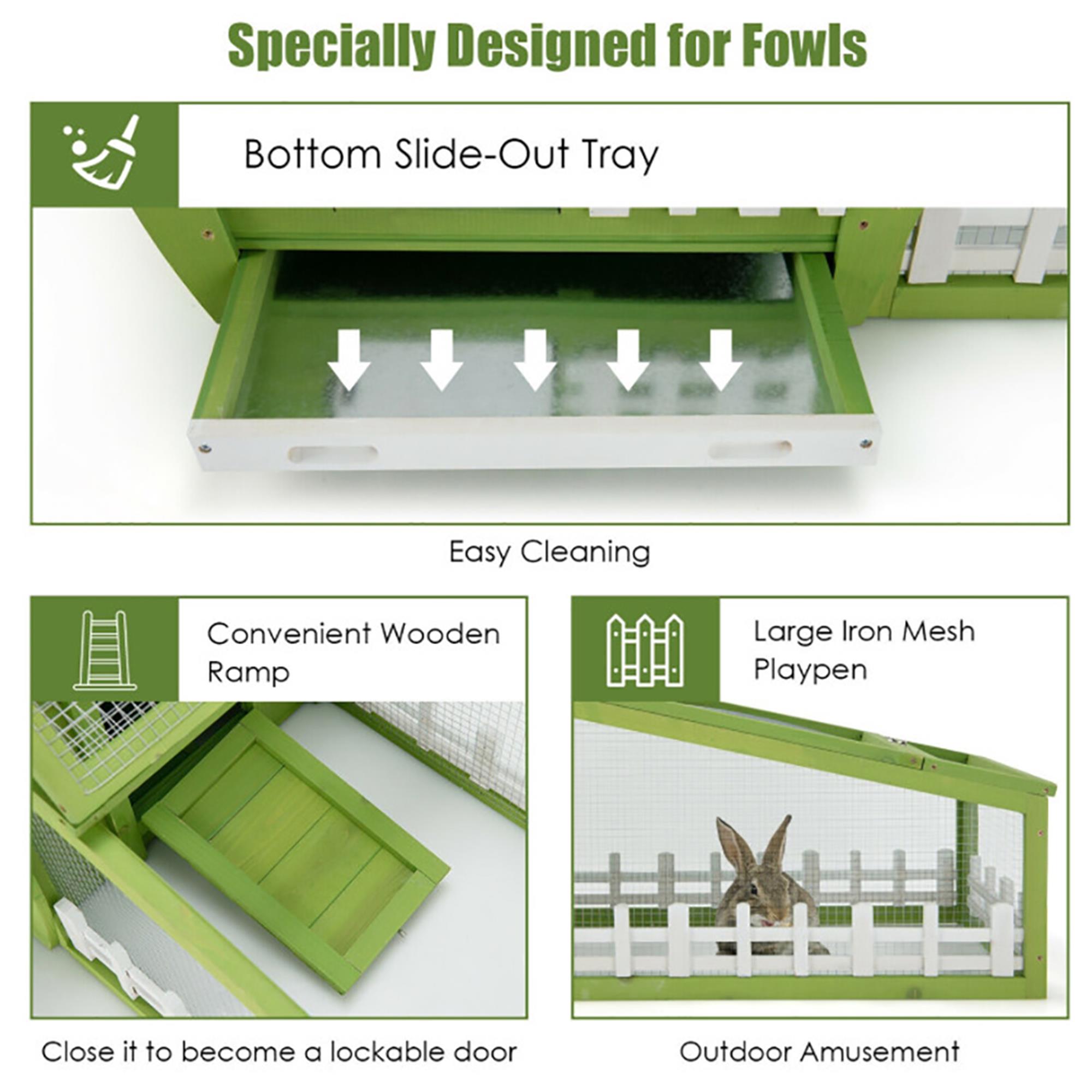 Kadyn 62" Outdoor Rabbit Hutch, Solid Firwood Hen House with Pull Out Tray, Guinea Pig Hutch, Wood Chicken Coops, Green