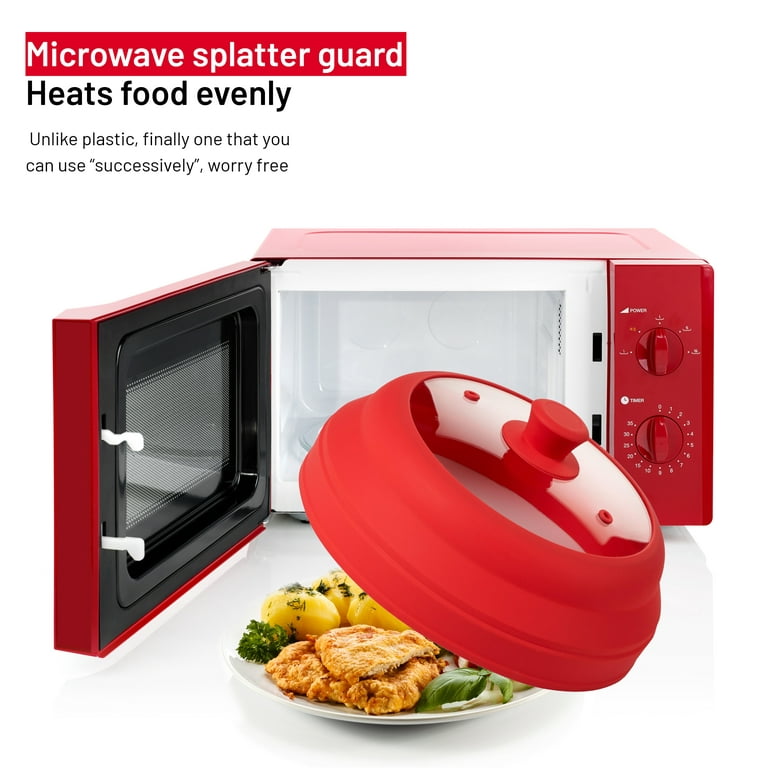 Microwave Plate Cover for Food - 10.5 inch - Vented and Collapsible Microwave Splatter Guard - Heat Resistant Handle, Silicone and Glass Microwave