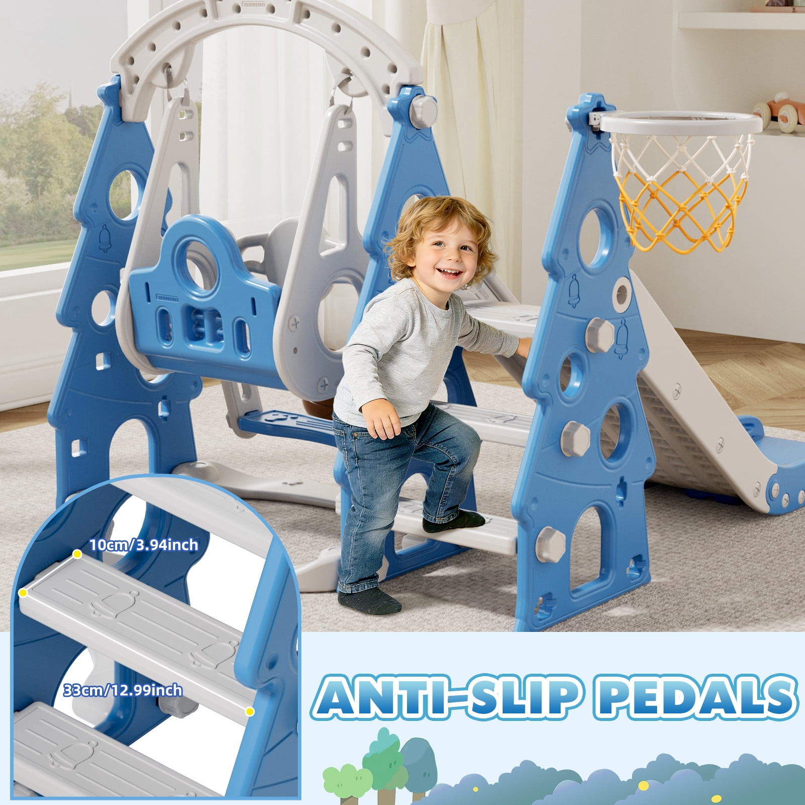 XJD 4-in-1 Toddler Slide and Swing Set, Kids Indoor Outdoor Playset with Basketball Hoop, Backyard Playground for Toddlers 1-3 Years Old, Blue