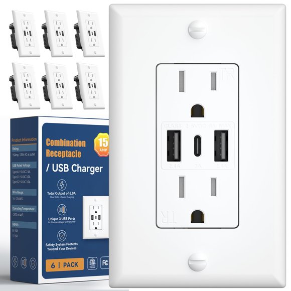 Amico 6.0A USB Outlet 6 Pack, 3-Port 30W Wall Outlets with 2 Type A & 1 Type C, 15 Amp Receptacle Plug, Tamper Resistant Receptacle, Wall Plate Inclu