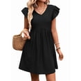 thumbnail image 3 of Women'S Summer Short Sundress Casual V Neck Ruffle Sleeve Mini Dress with Pockets Black L, 3 of 9