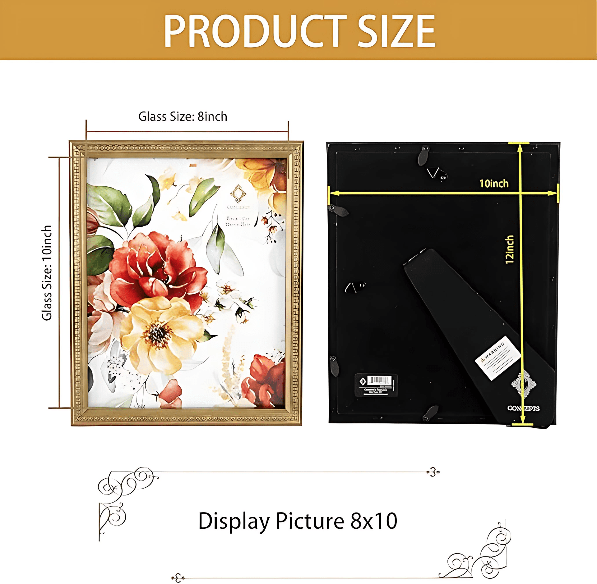 Concepts 8x10 Picture Frames Gold Ornate Resin Photo Frames with HD Glass, Wall/Tabletop - Vertical and Horizontal Display