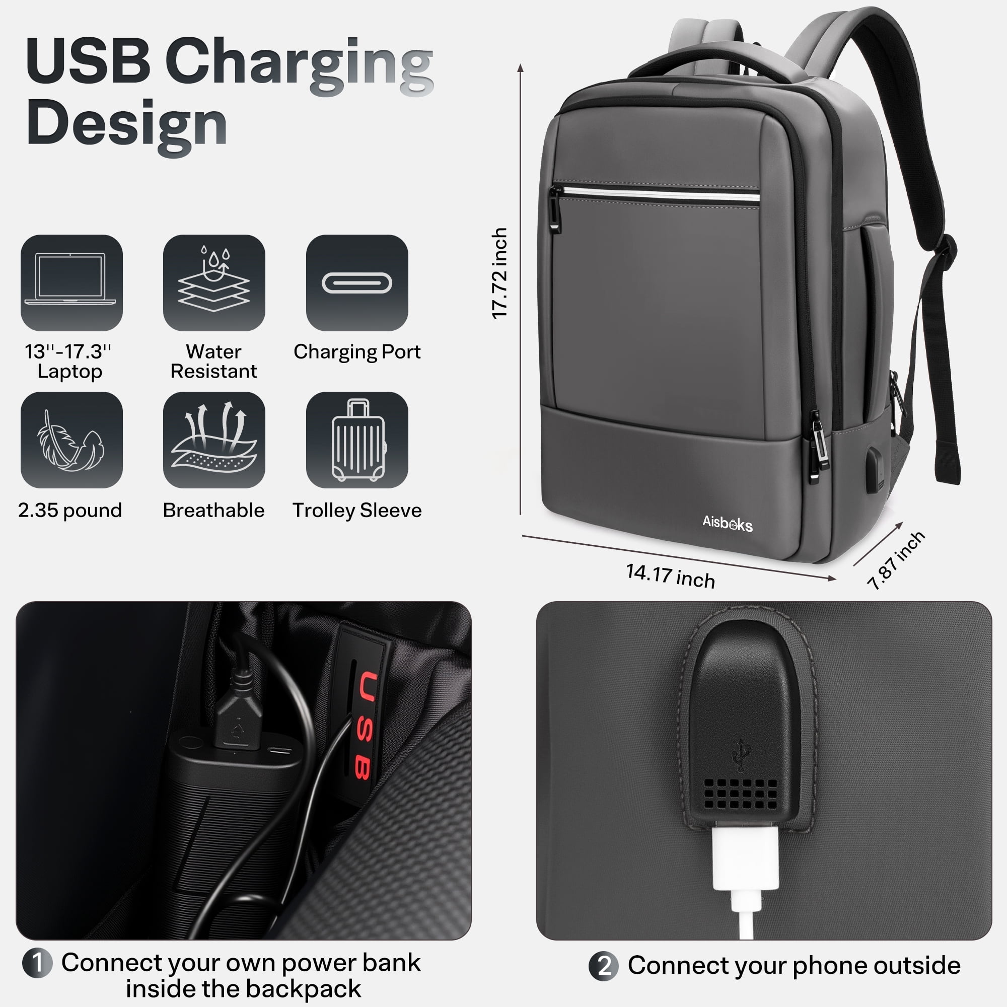 Aisboks Travel Backpack for Adult,17.3''Laptop Backpack with USB Charging Port,Airline Approved Personal Item Bag,Wear and Water Resistance Business Backpack,Dark Gray，Gift for Father's day