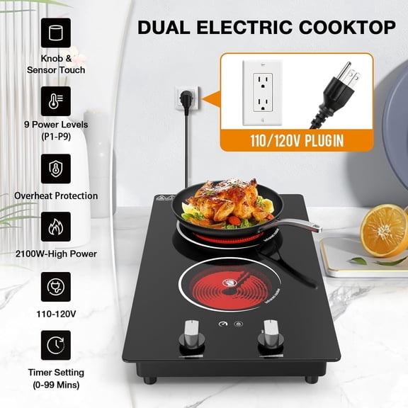 Electric Cooktop,110V 2100W electric Stove Top with Knob Control,Countertop/Built-in Design with 9 Power Levels,Kids Lock & Timer, Overheat Protection,and touch control 2 burner electric Cooktop.