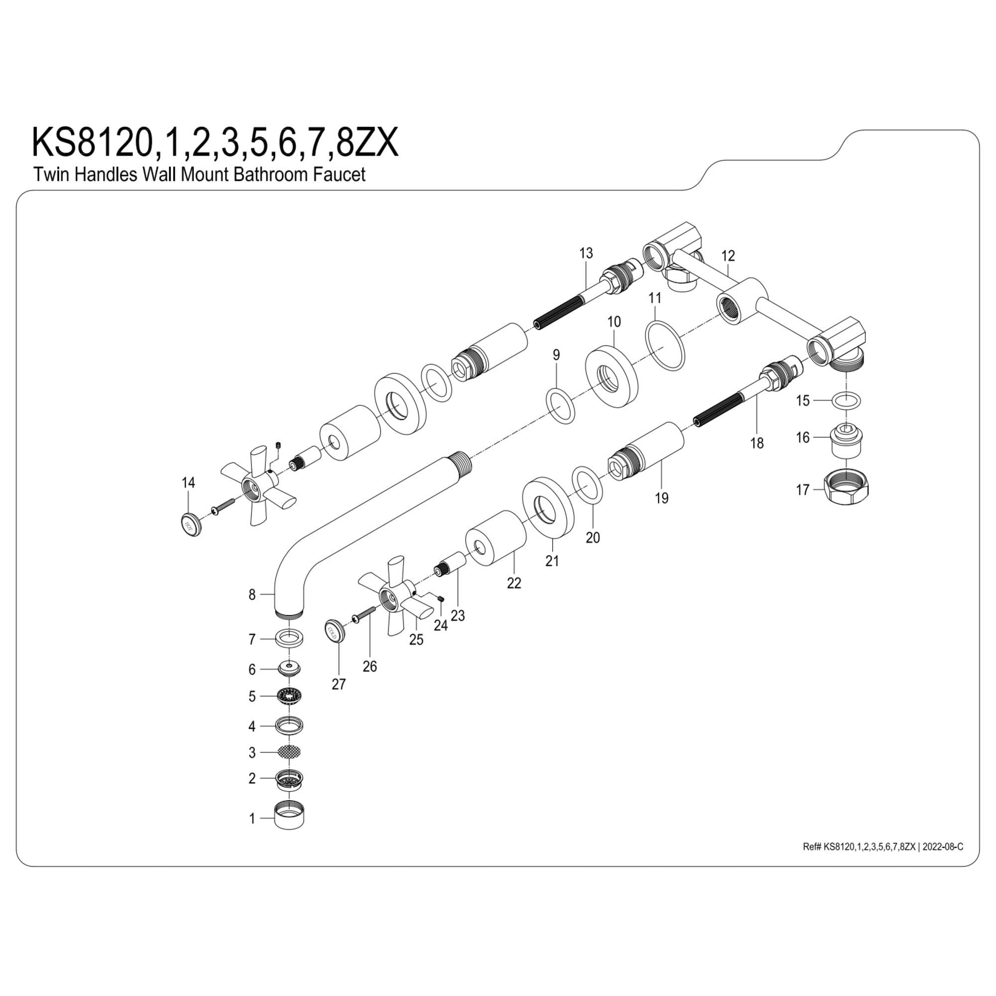 Kingston Brass KS8125ZX Millennium Double-Handle 3-Hole Wall Mount Bathroom Faucet in Oil Rubbed Bronze