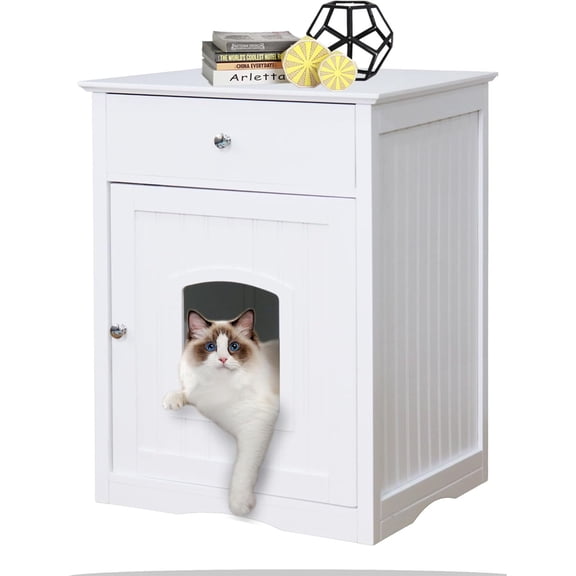 ZephyPaws Cat Cupboard,Cat Litter Cabinet,Indoor Cat House Side Table,Litter Box Enclosure,Pet Crate Nightstand,Cat Litter Box Furniture Look Bathroom,Hides Your Cat’s Litter Box,White