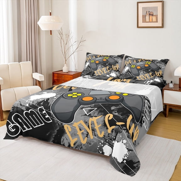 Castle Fairy Abstract Video Game Twin Sheet Sets,Black Gamepads Bedding