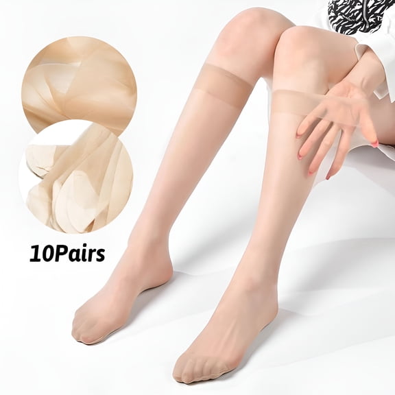 TELOLY 10 Pairs Women's Sheer Knee High Stockings, 20D Nylon Hosiery with Stay-Put Band, Reinforced Toe Nude Socks for Daily Wear