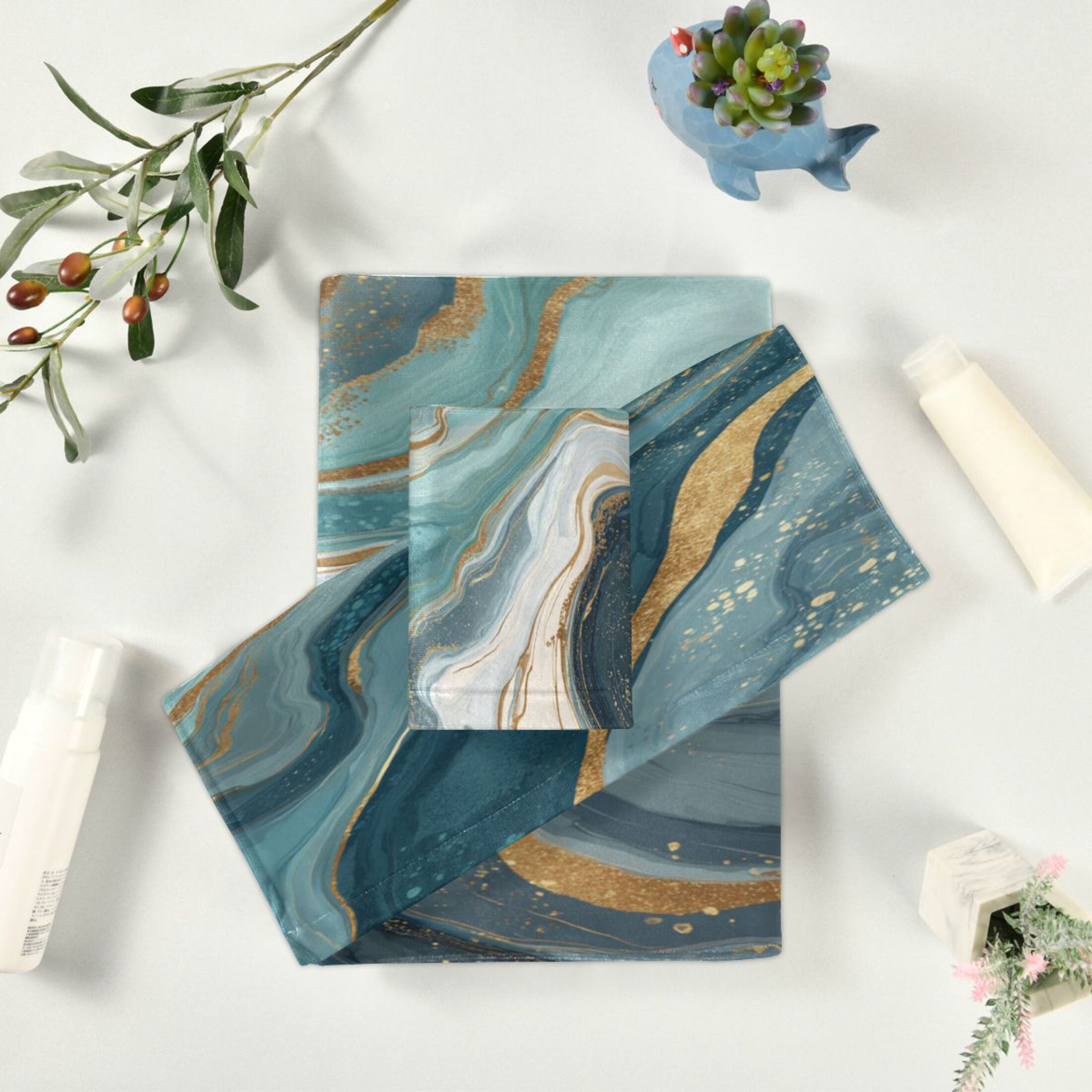 3 Sizes of Towel Sets Including Bath Towel Hand Towel and Washcloth for Daily Use Blue Marbling