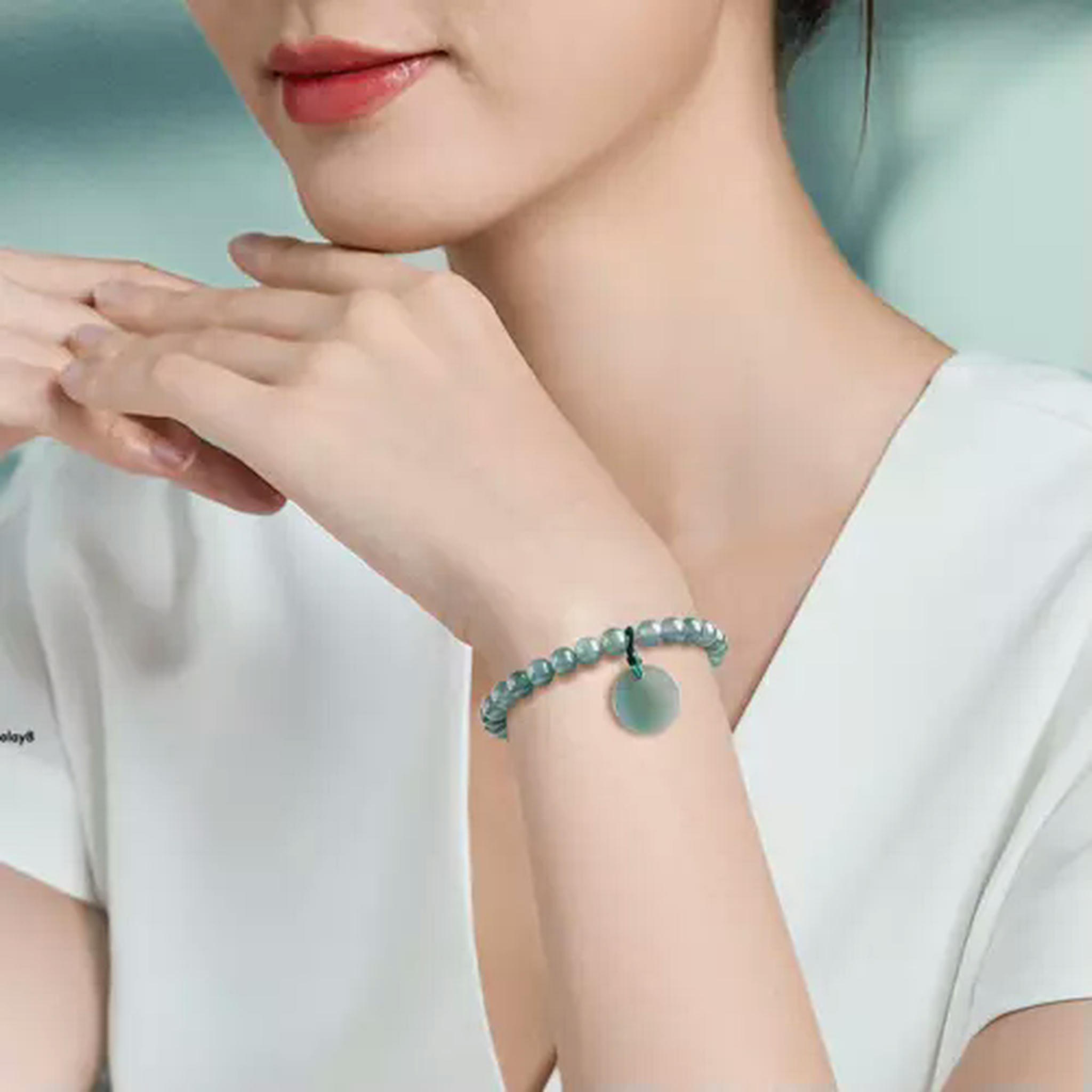 HOOUN Real Grade A Natural Blue Jade Jadeite Women Lucky 6.5mm Smooth Beads Bracelet