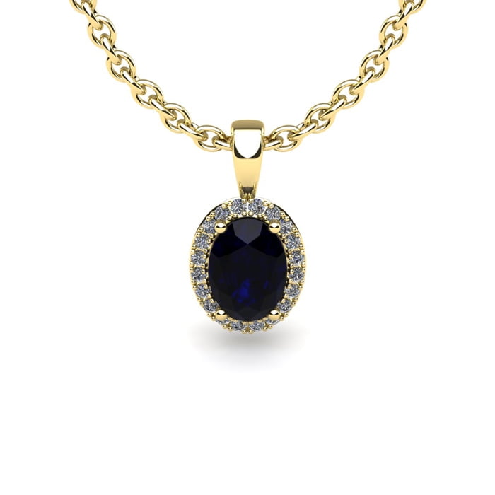 0.67 Carat Oval Shape Sapphire and Halo Diamond Necklace In 10 Karat Yellow Gold With 18 Inch Chain by SuperJeweler