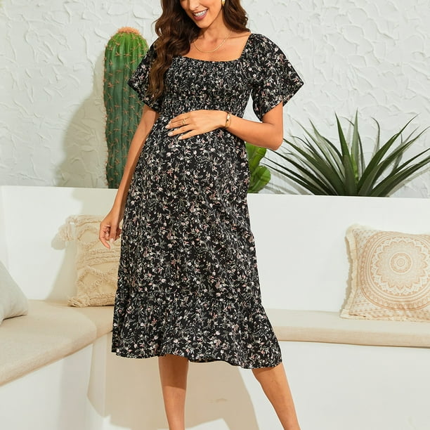 WILLBEST Maxi Vestidos de Mujer Vestido de Mujer Floral Cuello Cuadrado Vestidos Midi Vestido de Maternidad Vestido de Embarazada Casual Vestido de Línea A Vestido Largo Fluido Fruncido Mediana