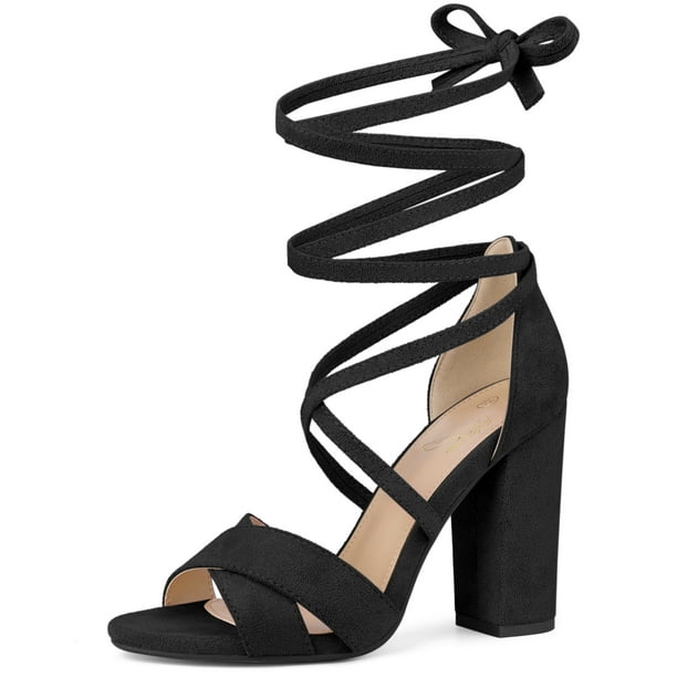 Sandalias con tiras y tacones gruesos con cordones para mujer Negro 39