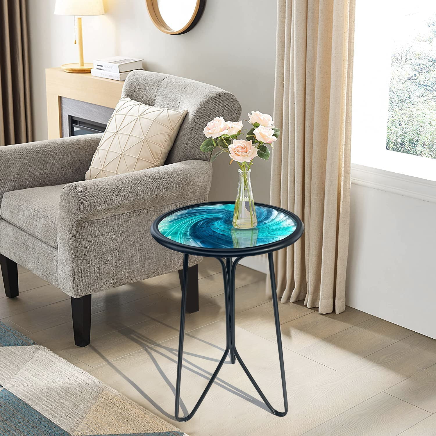 Liffy Blue Vortex Glass Side Table, 12" Round End Table, Plant Stand for Patio, Living Room