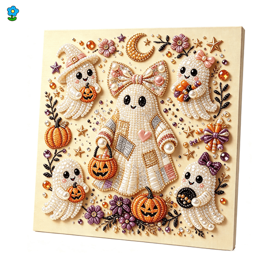 Halloween Ghost Pearl Art DIY Kit, Beginner Friendly Framed Canvas Diamond Painting Kit,Halloween Decor & Summerween Decor, Spooky Cute Ghost Fall Home Decor Craft Kit-C