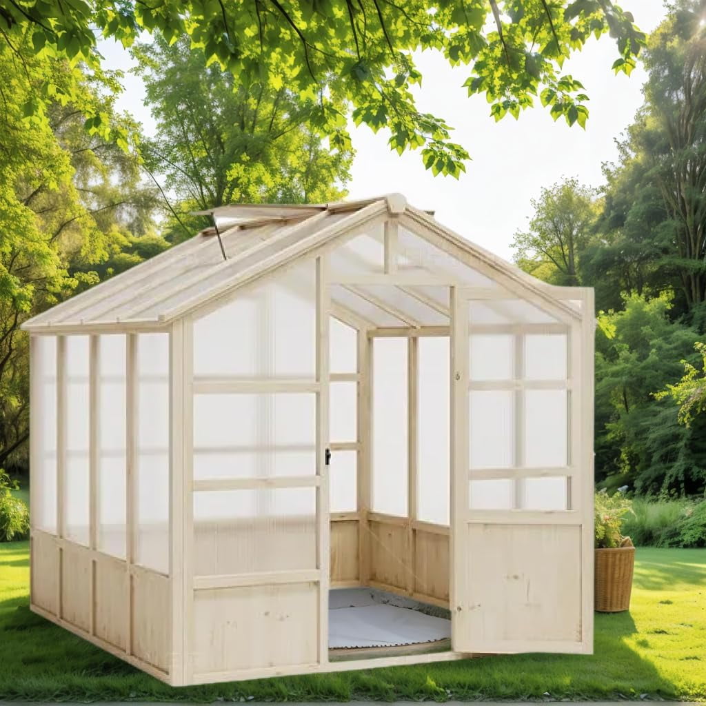 Large Outdoor Greenhouse, Heavy Duty Wooden Hothouse with Polycarbonate Panels & Lockable Door - Sturdy Wood Frame Garden Conservatory with Adjustable Roof Vent, for Yard, Gardening