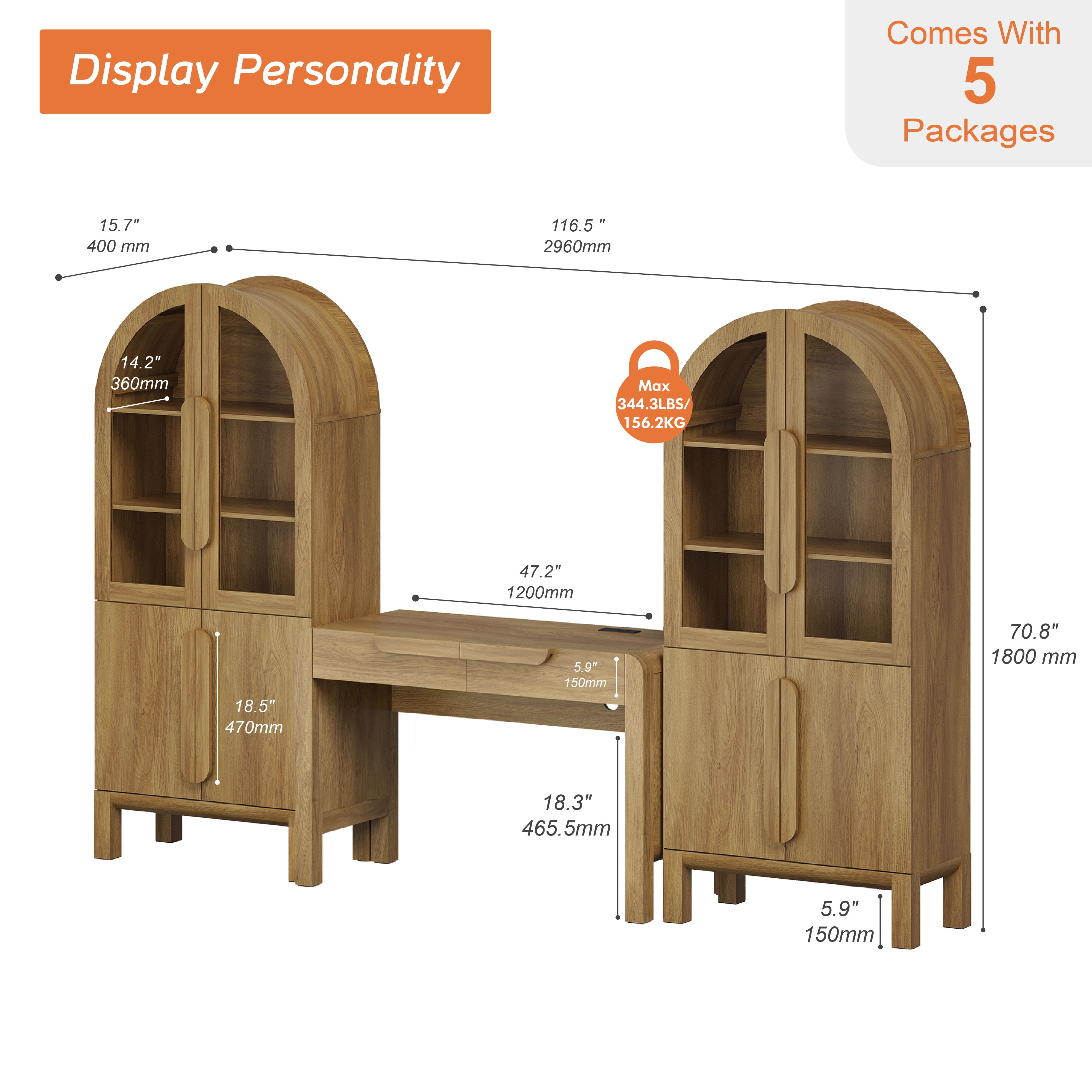 Home Office Set, 47" Modern Executive Desk with Charging Station and Drawers & 2 Piece 71"H Tall 5-Tier Arched Bookcases with Glass Door for Living Room, Bedroom, Home Office