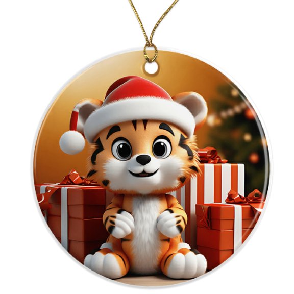 Cute Christmas Tiger Ornament - Festive Holiday Decor - Year of the Tiger Gift - Xmas Tree Ornament - Gift for Kids Ceramic Ornament - 3 Inch Christmas Tree Round Ornament ORNW0231