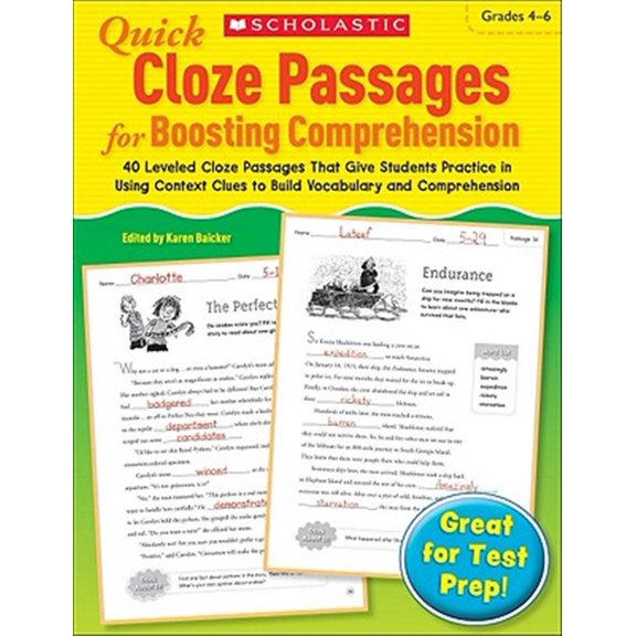 Pre-Owned Quick Cloze Passages for Boosting Comprehension: Grades 4-6: 40 Leveled Cloze Passages That Give Students Practice in Using Context Clues to Build Vocabulary and Comprehension Paperback