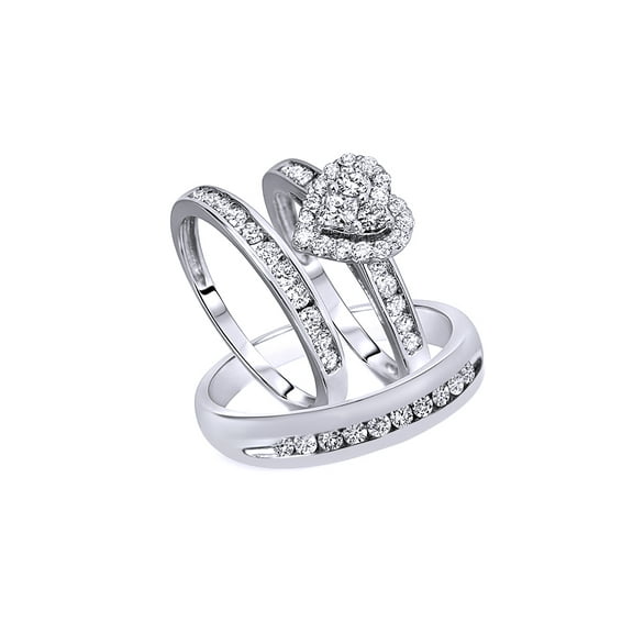 AFFY White Natural Diamond Heart Engagement & Wedding Trio Bridal Ring Set In 10k White Gold (1.2 Cttw)