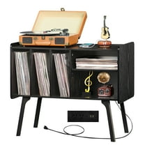 Record Player Stand with Charging Station, Turntable Stand Holds Up to 220 Albums, Vintage Vinyl Record Cabinet with Removable Shelves, Record Player Table for Living Room, Bedroom, Black