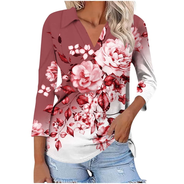 Birdeem Blouses pour Femmes T-Shirt Assorti Col en V Col Rabattu Manches 3/4