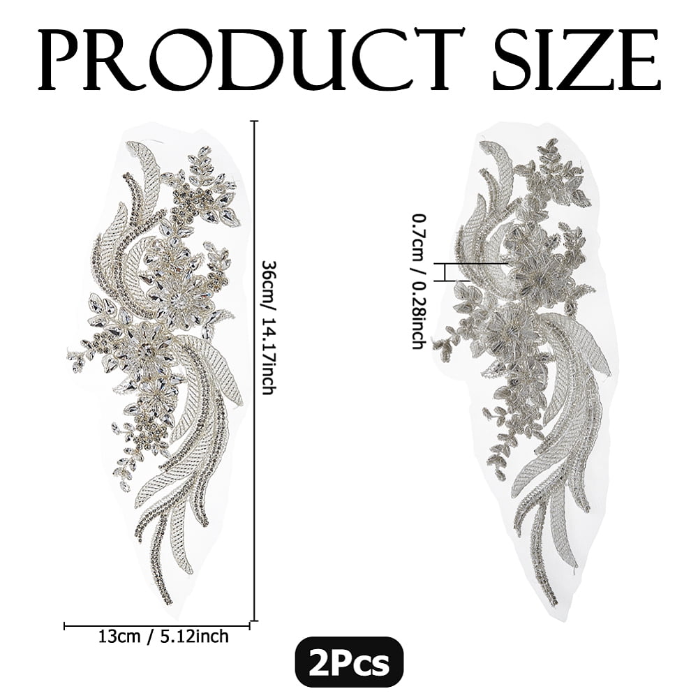 1 Pair Polyester Computerized Embroidery Cloth Iron on/Sew on Patches Flower with Rhinestone and Glass Beads White 357x127x7.5mm