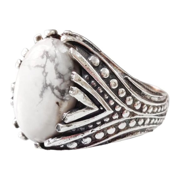 Howlite Mans Ring, Natural Howlite Ring, White Turquoise, Silver Jewelry, 925 Silver Ring, Birthday Gift, Heavy Mens Ring, Arabic Design, Ottoman Style Ring, Christmas, Turkey Mens Signet Ring