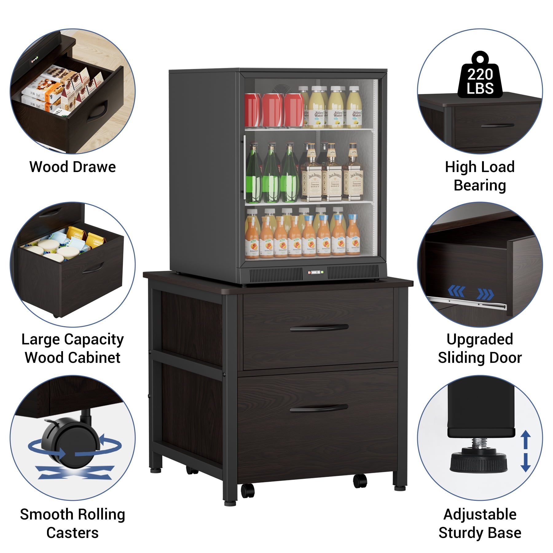 INFANZIA Mini Fridge Stand with Storage, Beverage Refrigerator Stand Table with Rolling Cabine, 22.1"Lx 23.2"W Solid Wood Heavy Duty Mini Fridge Cabinet for Dorm, Office, Bedroom, Black