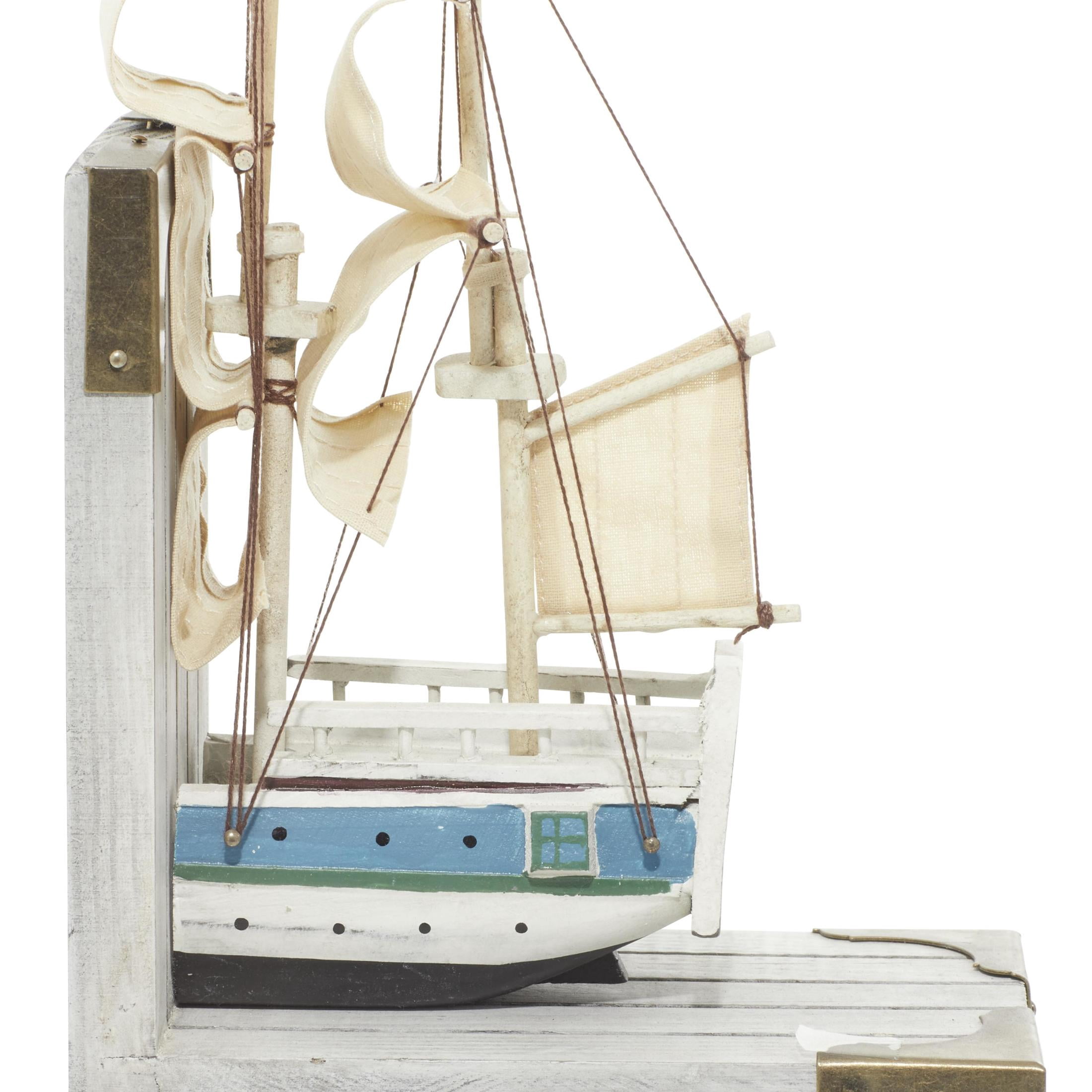 DecMode 6" Sail Boat White Wood Bookends with Real Boat Rigging and Gold Corners (Set of 2)