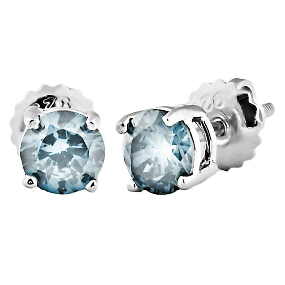 Trustmark 4mm Brilliant Cut Aquamarine Ice CZ Screw Back Sterling Silver Stud Earrings