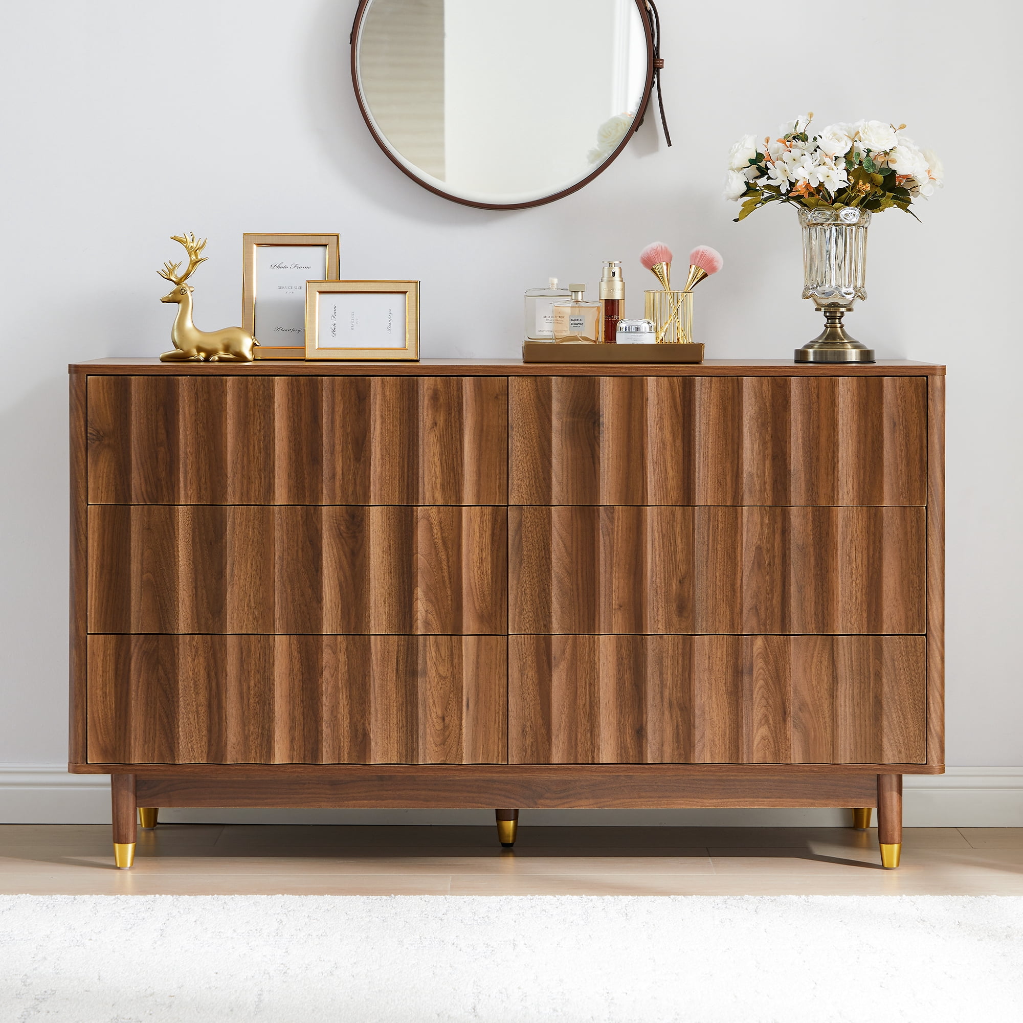 LEFHDA 53" Dresser Fluted 6 Drawer Dresser, Large Modern Chest of Drawers, Wide Wood Storage Dressers Organizer Storage Cabinet for Bedroom Living Room Hallway Entryway