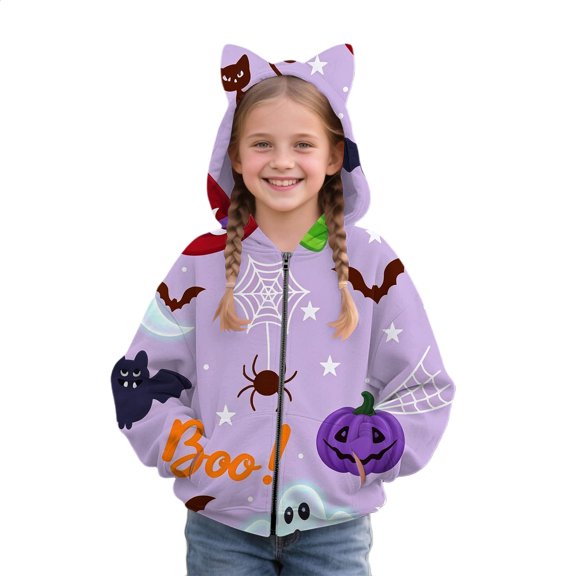 Otqutp Toddler Girls Halloween Zip Up Hoodie Cat Ear Long Sleeve Fleece Jackets Fall Wind Resistant Warm Coats with Pockets