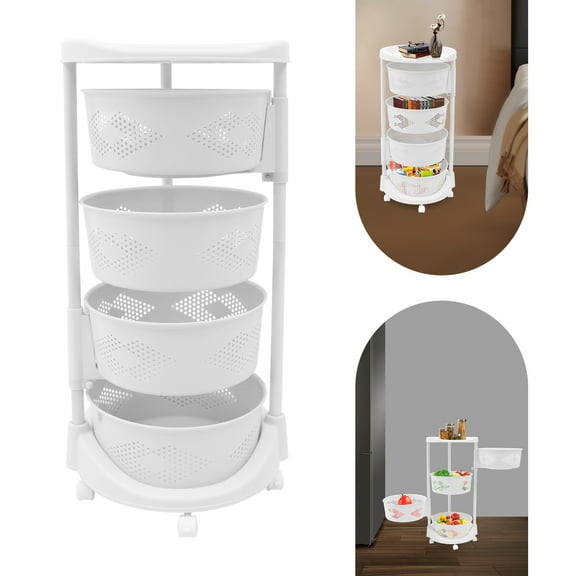 4-Tier Rotating Storage Rack with 5 Wheels, White Spinning Organizer with Removable Baskets for Kitchen Bathroom, 88LB Capacity