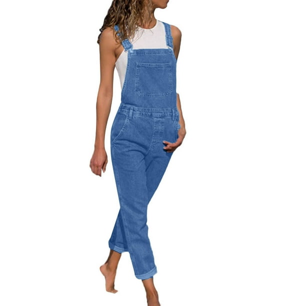 Pantalones de denim con peto de moda para mujer - Poliéster, tirantes ajustables, mono largo - S-XXXL