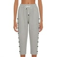 thumbnail image 5 of Linen Capri Pants Women Spring Summer Casual Drawstring Side Button Elastic Waist Straight Wide Leg Cropped Pant Light Gray M, 5 of 7