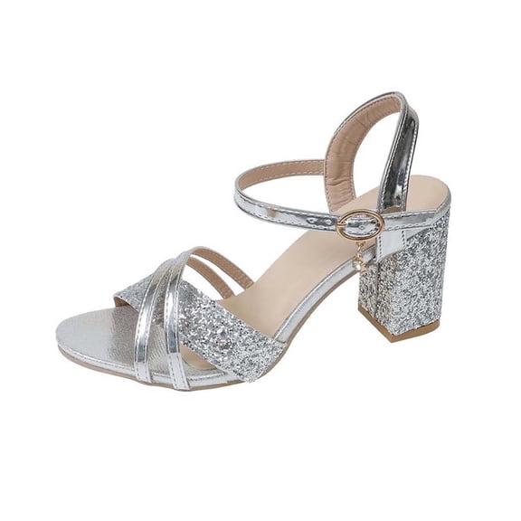 GERsome Women's Chunky Block Heels Sandal Ankle Strap Summer Open Toe Work Party Dress Pumps Shoes, Silver Size 8.5