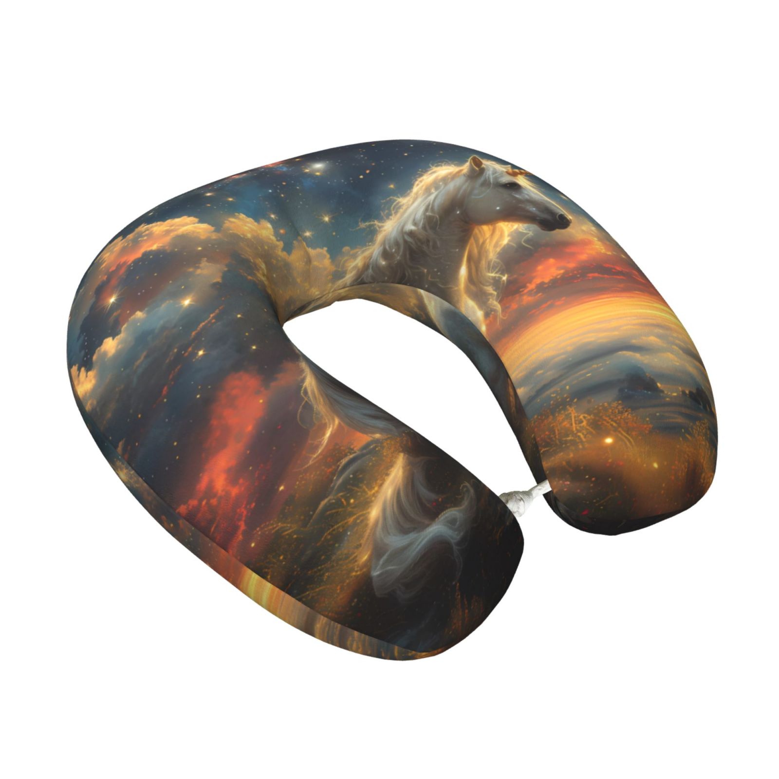 Xecao Starry Sky White Horse Print Memory Foam Cervical Neck Pillow Versatile U-Shaped Pillows for Home,Office,Camping,Travelling,Soft Washable Cover