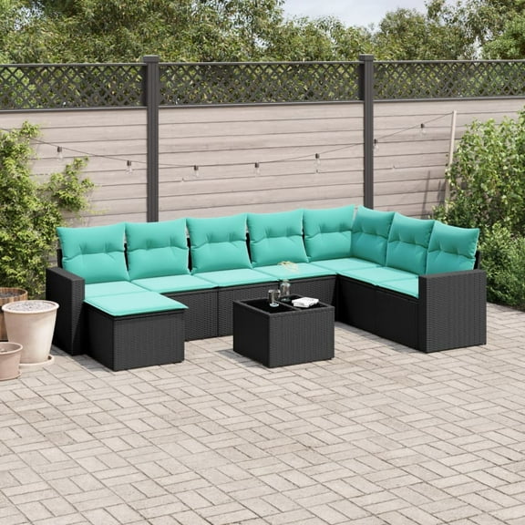 vidaXL 9 Piece Patio Sofa Set with Cushions Black Poly Rattan