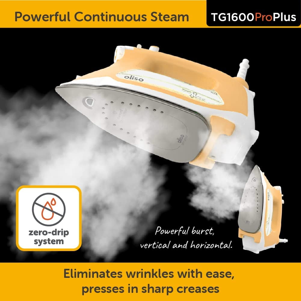 Oliso TG1600 Pro Plus 1800 Watt SmartIron with Auto Lift - for Clothes, Sewing, Quilting and Crafting Ironing | Diamond Ceramic-Flow Soleplate Steam Iron, Yellow
